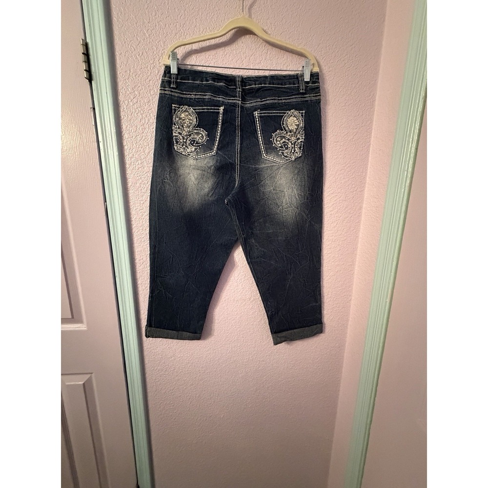 Vtg Revolt Y2K Denim Jeans 12 Lace Rhinestones Capri High Rise Cyber Grunge Emo